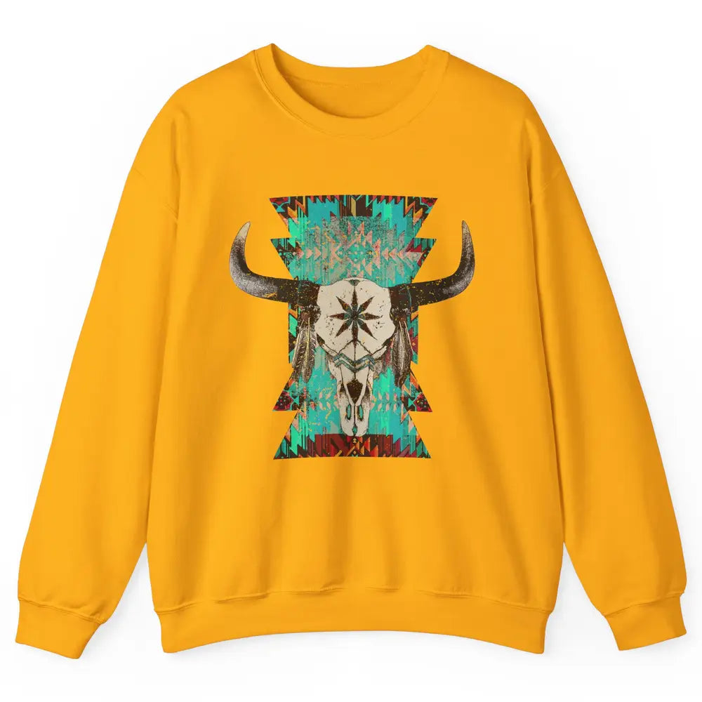 Boho Bull Skull Turquoise Aztec Western Country Rodeo Cowboy Unisex Crewneck Sweatshirt