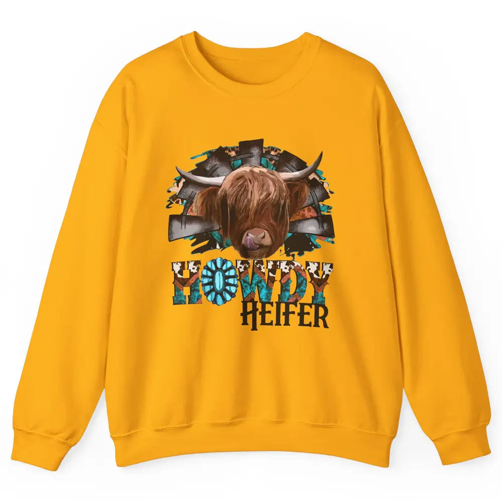 Leopard Highland Cow Howdy Heifer Western Country Cowboy Unisex Crewneck Sweatshirt