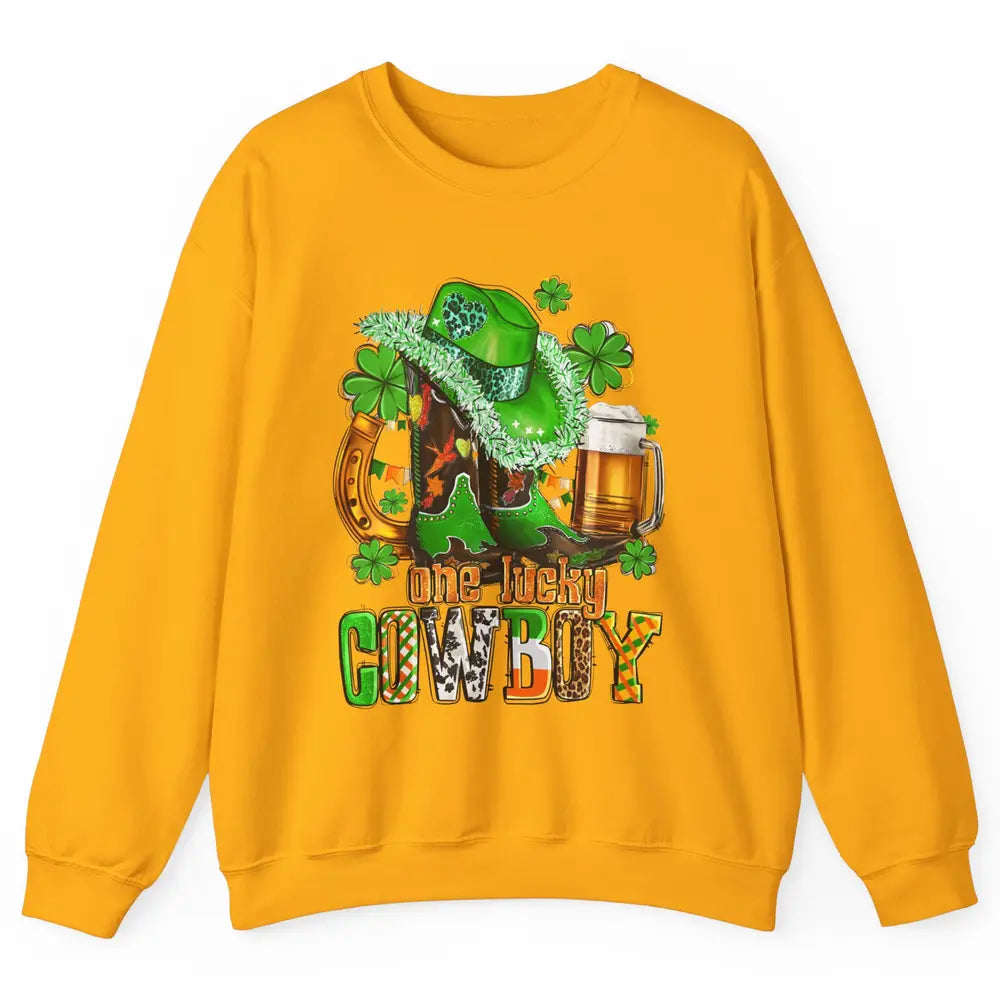 Western Lucky Cowboy Boots Clover Leopard St Patricks Day Unisex Crewneck Sweatshirt