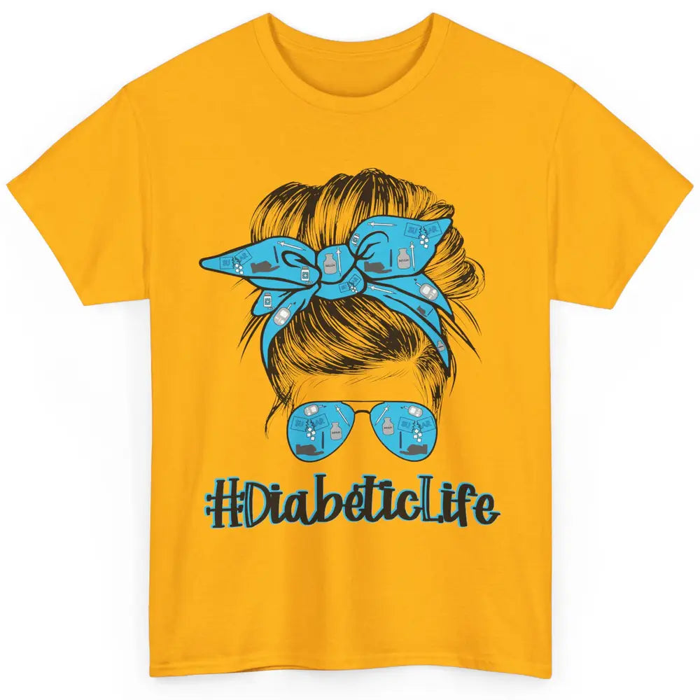 Diabetic Life Mom Messy Bun Blue Ribbon Diabetes Awareness Classic Unisex T-Shirt