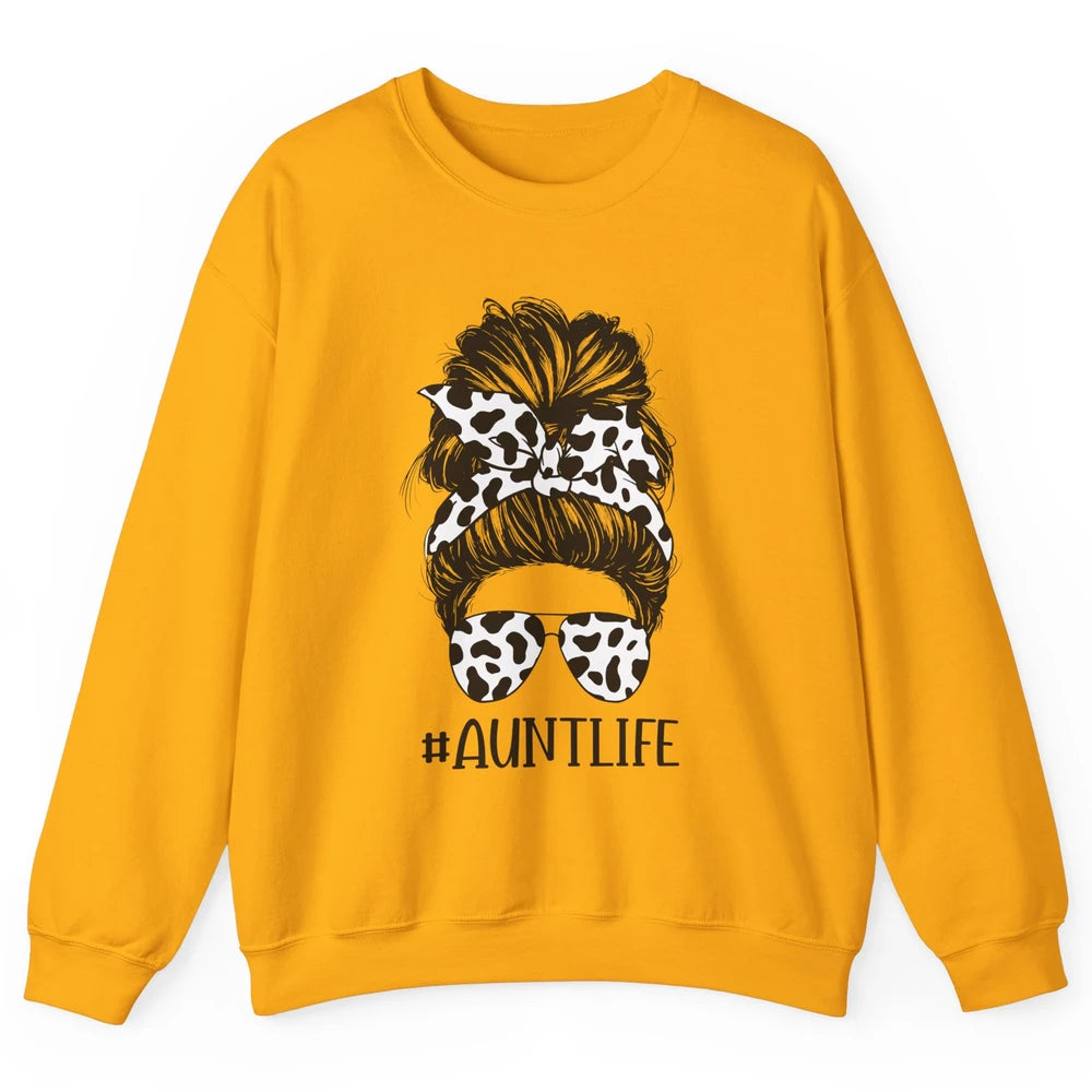 Aunt Life Messy Bun Glasses Cowhide Western Auntie Life Unisex Crewneck Sweatshirt