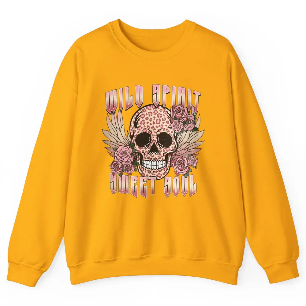 Wild Spirit Sweet Soul Skull Leopard Flowers Western Boho Unisex Crewneck Sweatshirt