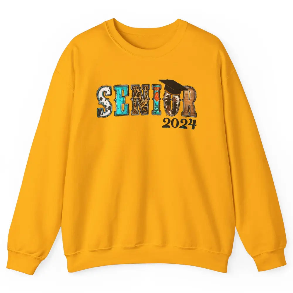 Sunflower Leopard Senior 2024 Graduate Bachelor Western Grad Unisex Crewneck Sweatshirt