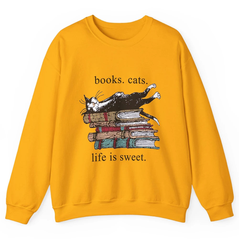 Books Cats Life Is Sweet Cat Book Lovers Reading Book Unisex Crewneck Sweatshirt