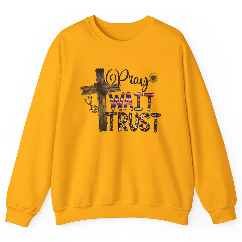 Sunflower Leopard Pray Wait Trust Christian Motivational Unisex Crewneck Sweatshirt