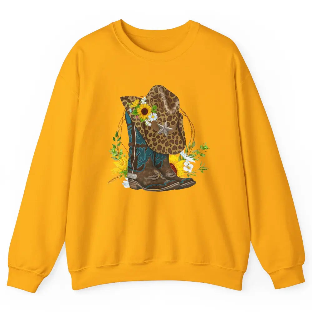 Western Floral Cowboy Boots Hat Leopard Flower Texas Vintage Unisex Crewneck Sweatshirt