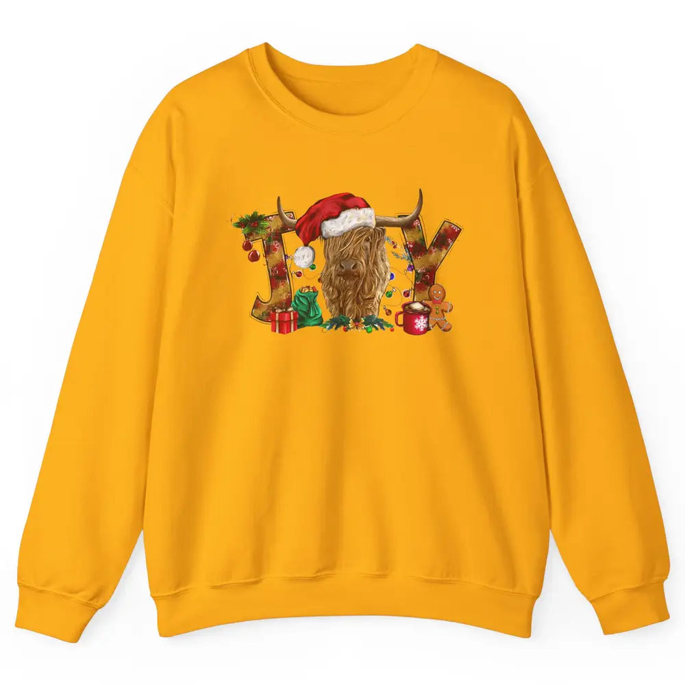 Highland Cow Joy Santa Hat Gingerbread Christmas Farm Gift Unisex Crewneck Sweatshirt