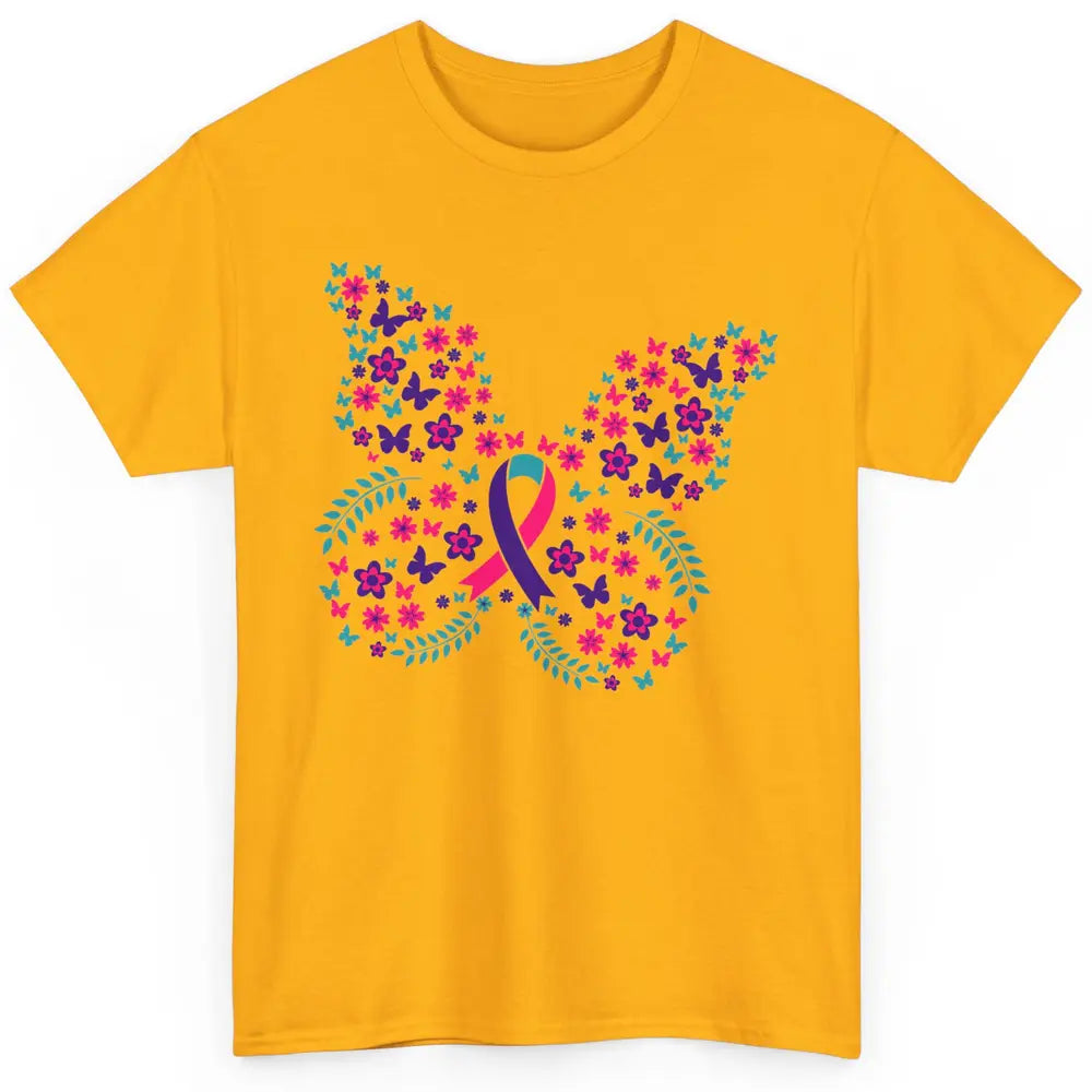 Floral Butterfly Teal Pink Warrior Thyroid Cancer Awareness Classic Unisex T-Shirt