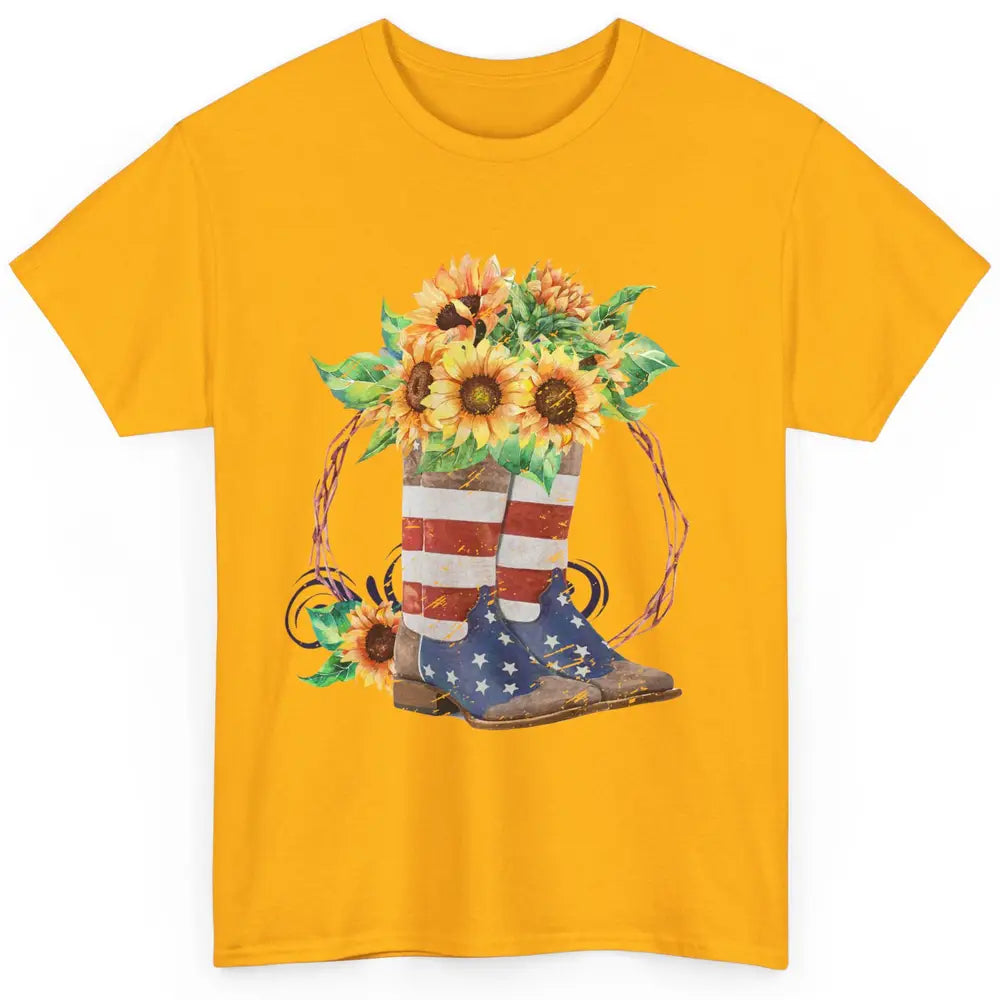 Retro Sunflower US Flag Cowboy Boots Let's Go Girls Cowgirls Classic Unisex T-Shirt