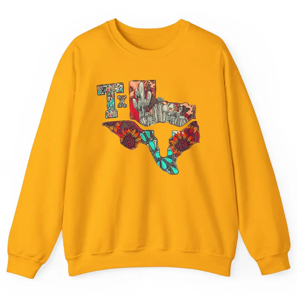 Texas Map Boho Texas State Leopard Western Desert Cactus Unisex Crewneck Sweatshirt