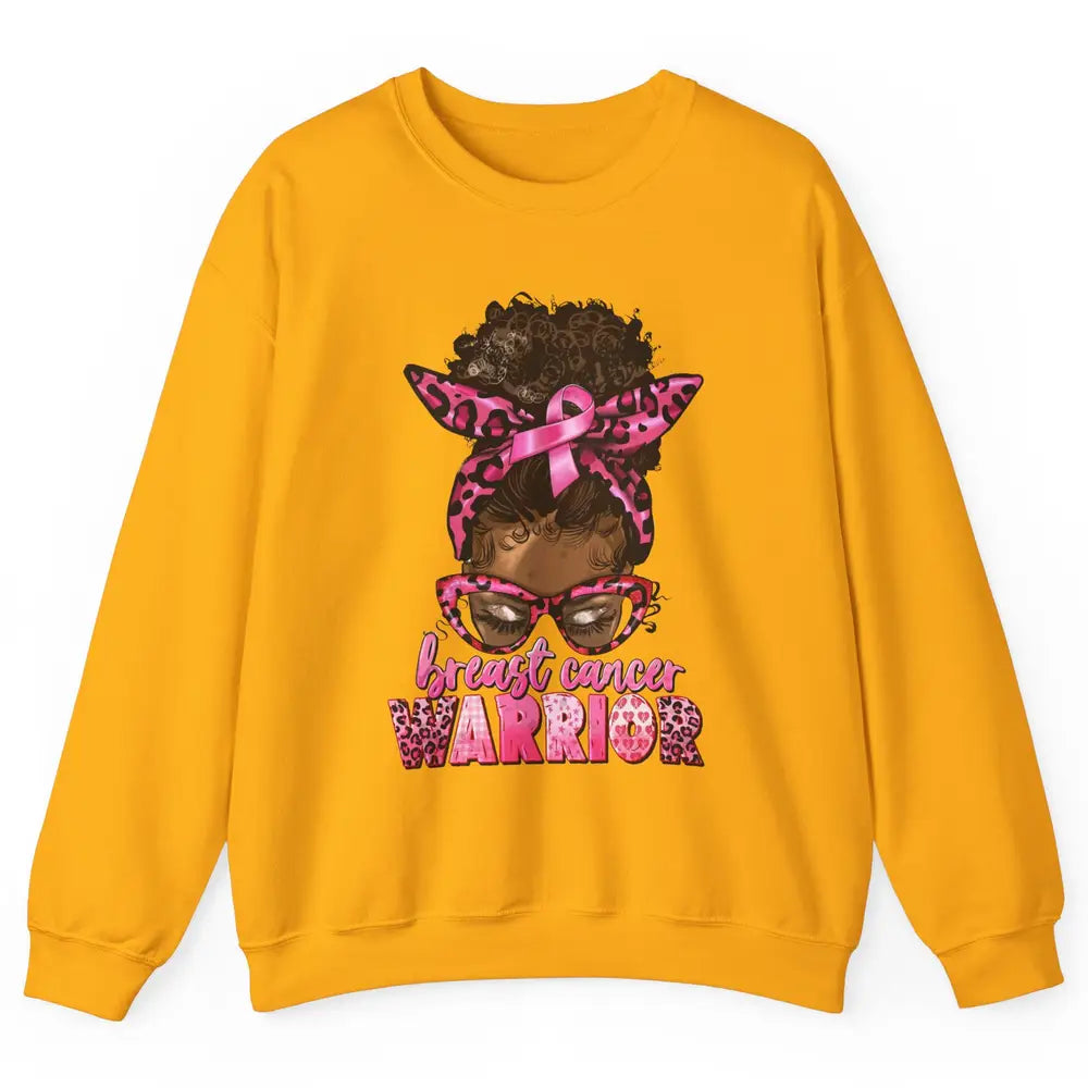 Afro Black Woman Breast Cancer Awareness Messy Bun Leopard Unisex Crewneck Sweatshirt