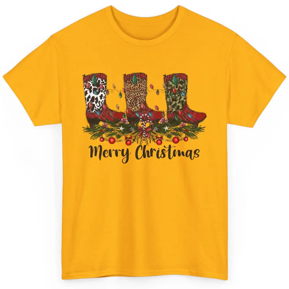 Christmas Cowboy Boots Santa Boots Leopard Western Christmas Classic Unisex T-Shirt