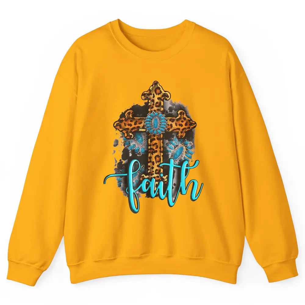 Western Gemstone Leopard Turquoise Cross Faith Jesus God Unisex Crewneck Sweatshirt