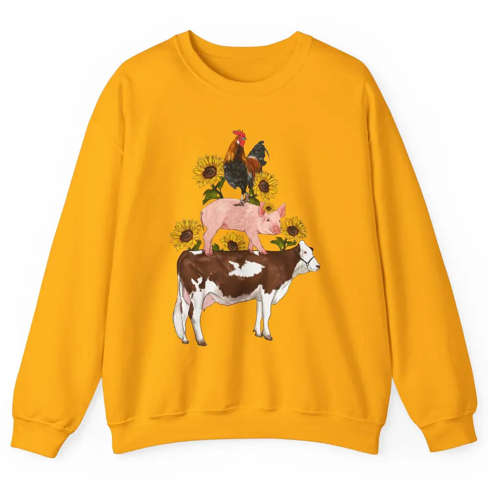 Sunflower Western Farm Life Animals Vegan Cow Pig Rooster Unisex Crewneck Sweatshirt