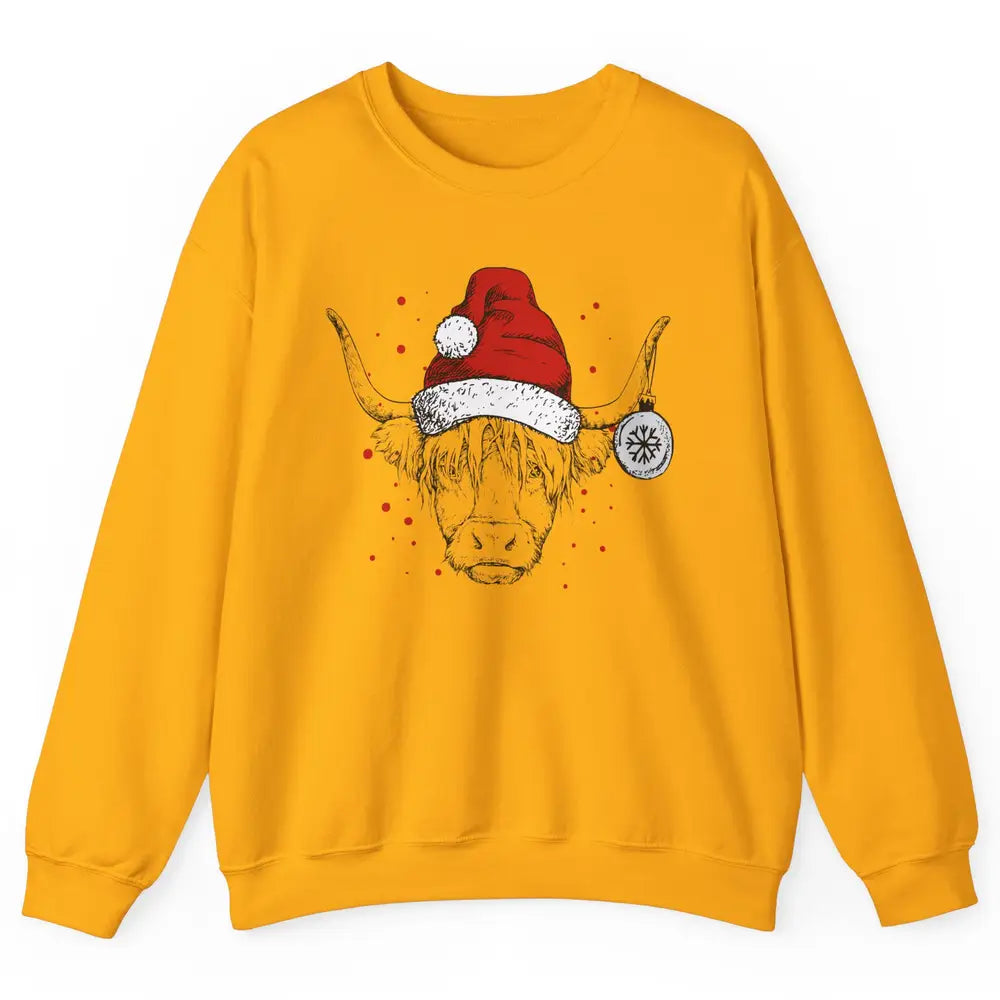 Cute Highland Cow Christmas With Santa Hat Western Xmas Cow Unisex Crewneck Sweatshirt