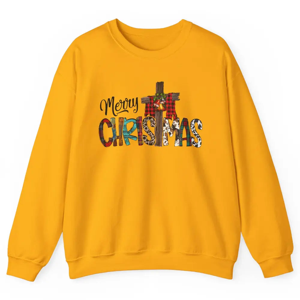 Leopard Jesus Cross Merry Christmas Christian Western Xmas Unisex Crewneck Sweatshirt