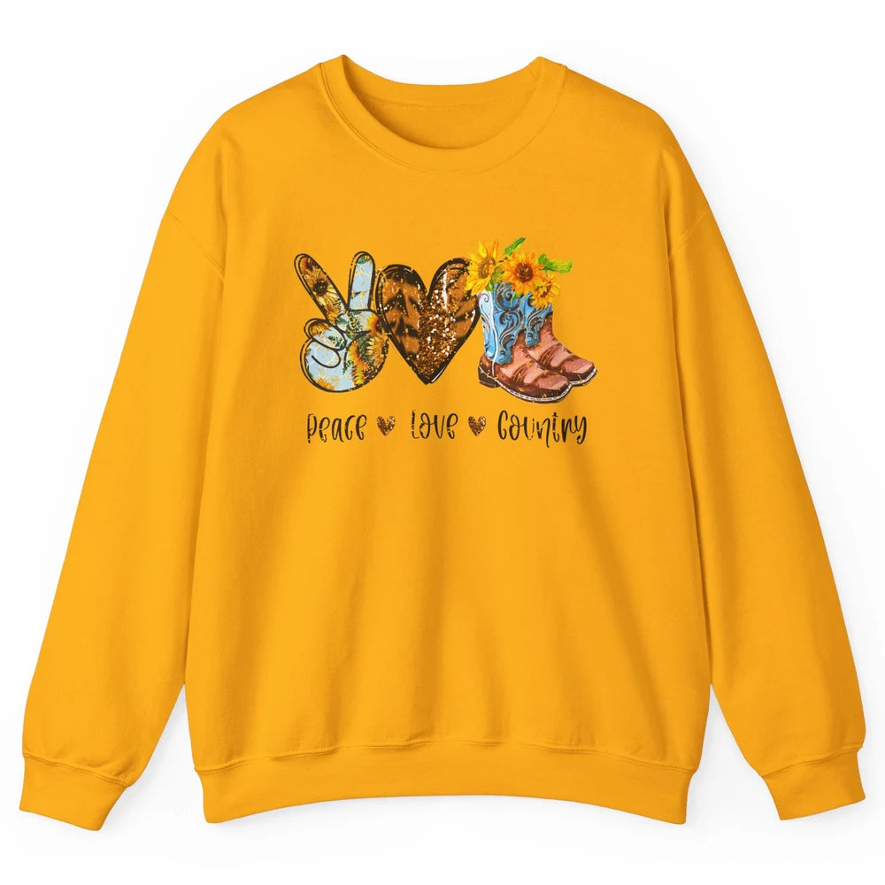 Retro Sunflower Peace Love Country Cowgirl Midwest Girl Boot Unisex Crewneck Sweatshirt