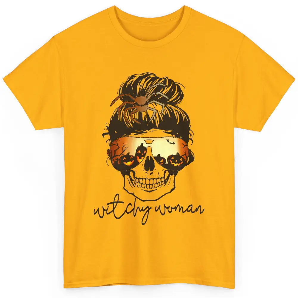 Witchy Woman Messy Bun Hair Skull Halloween Pumpkin Costume Classic Unisex T-Shirt