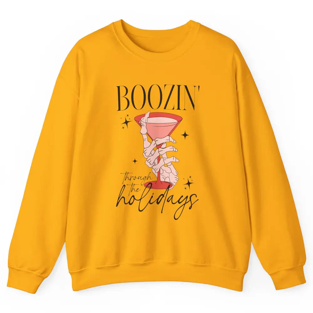 Boozin’ Through The Holidays Christmas Drinking Wine Glass Unisex Crewneck Sweatshirt