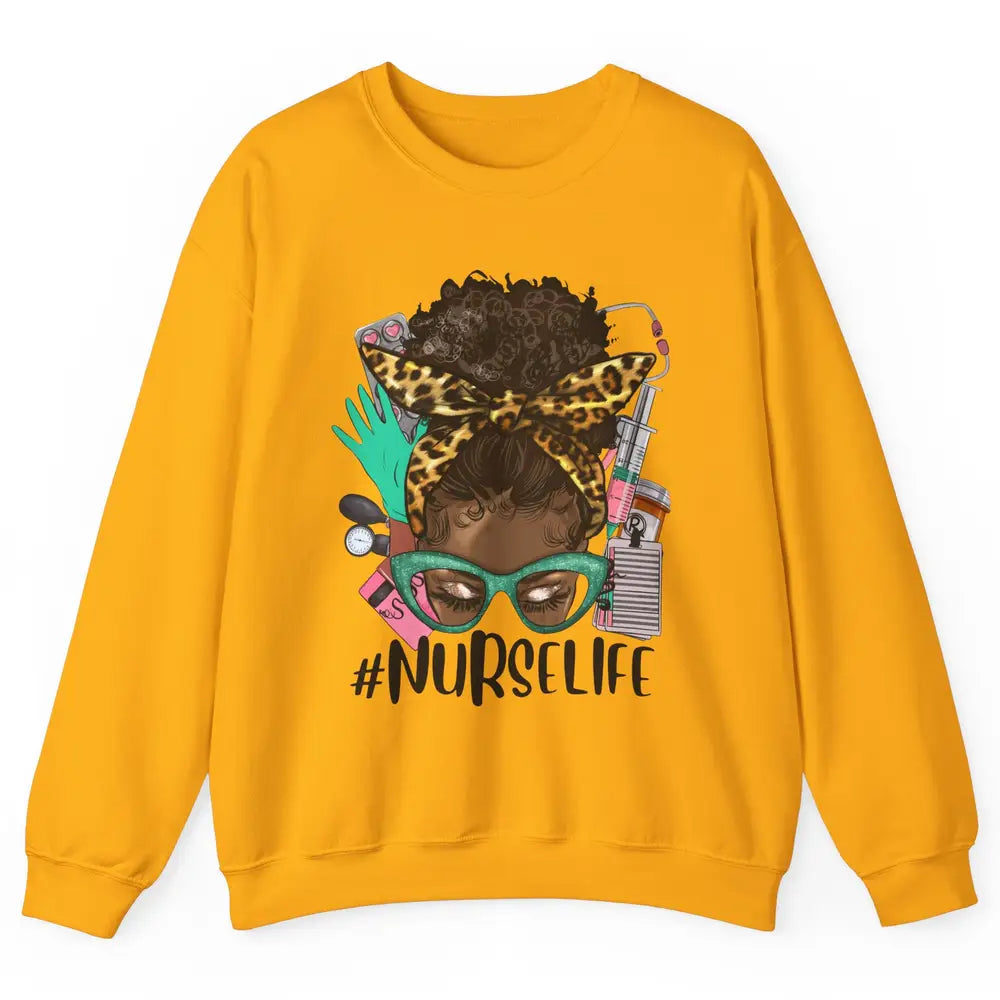 Afro Nurse Messy Bun Hair Black Melanin Nurse Life Leopard Unisex Crewneck Sweatshirt