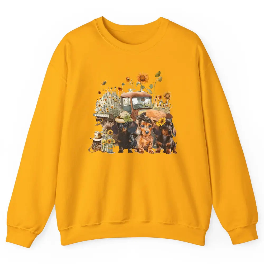 Vintage Truck And Sunflower Dachshund Mom Dachshund Lovers Unisex Crewneck Sweatshirt