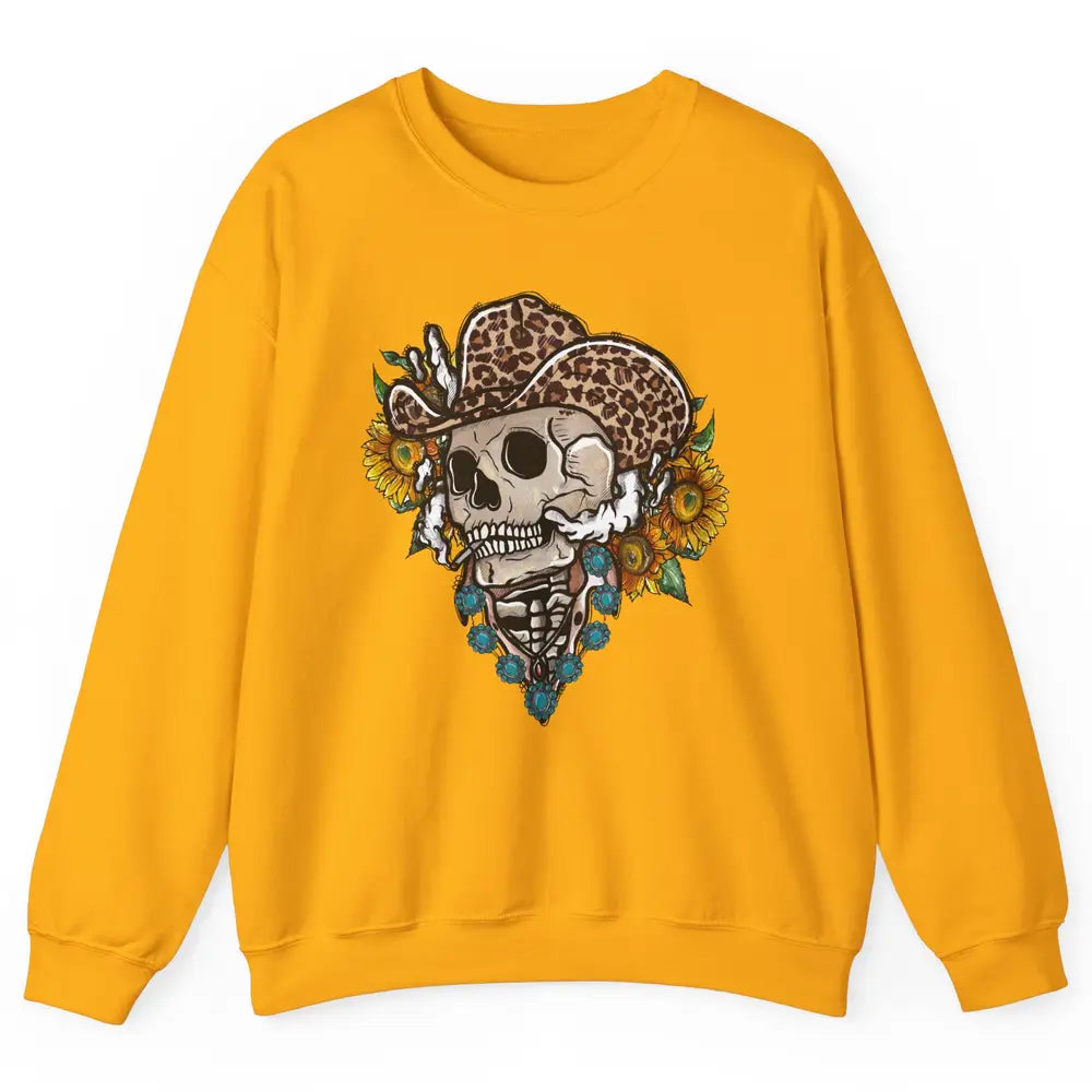 Sunflower Leopard Cowboy Skull Gemstone Western Country Gift Unisex Crewneck Sweatshirt