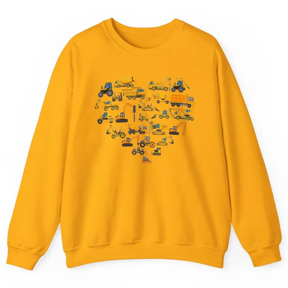 Types Of Construction Excavator Bulldozer Truck Heart Love Unisex Crewneck Sweatshirt