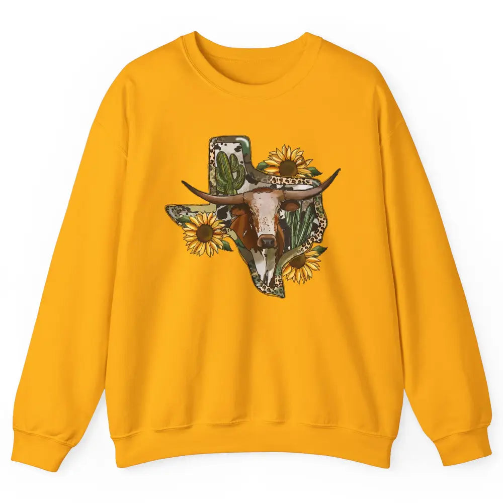 Texas Map Leopard Sunflower Western Texas Cow Longhorn Unisex Crewneck Sweatshirt