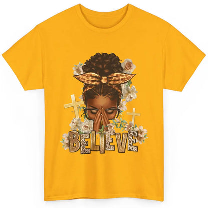 Floral Leopard Afro Messy Bun Believe Christian Religious Classic Unisex T-Shirt