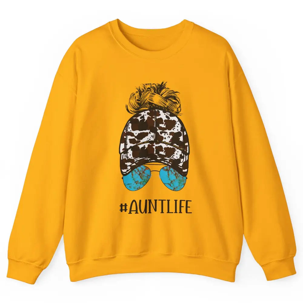 Aunt Life Messy Bun Glasses Cowhide Western Auntie Life Unisex Crewneck Sweatshirt