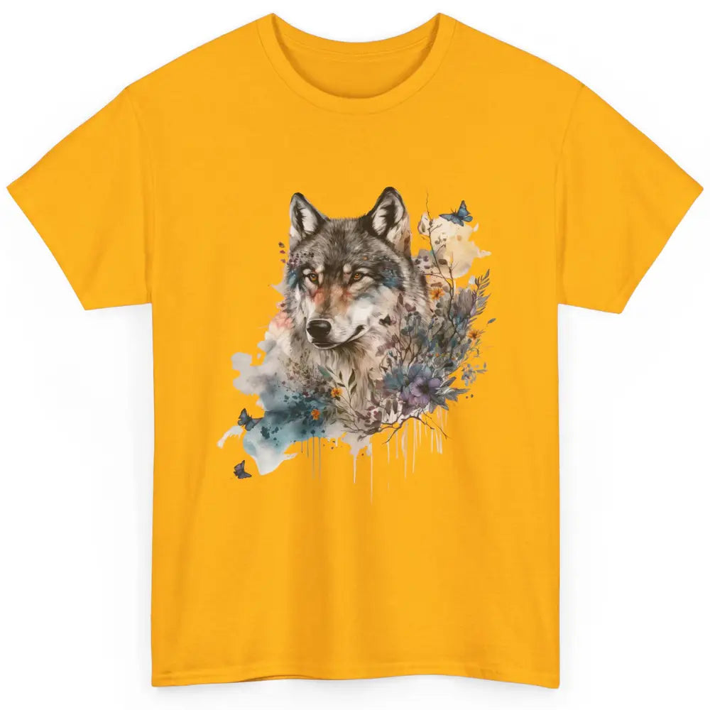 Watercolor Wolf Face Howl Butterfly Wolves Wild Animal Retro Classic Unisex T-Shirt