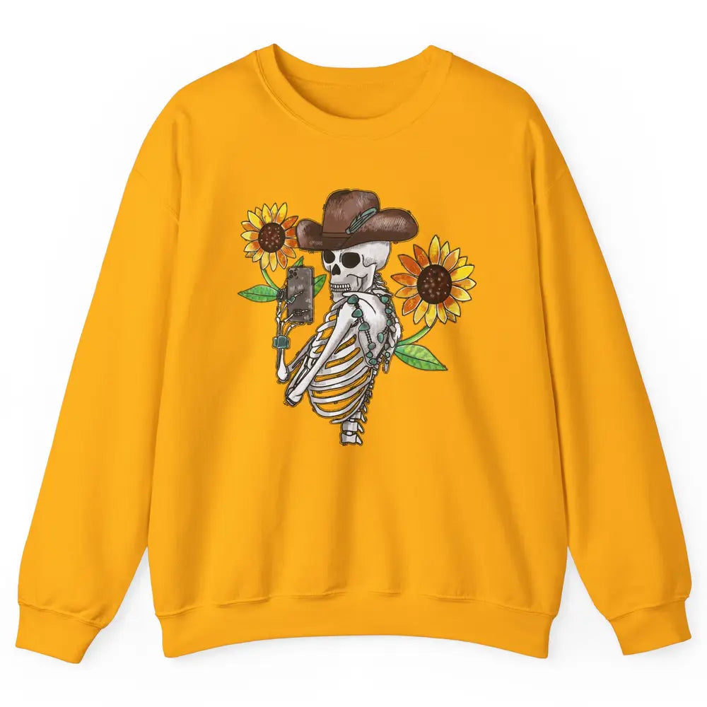 Western Cowboy Hat Skeleton Sunflower Funny Skeleton Selfie Unisex Crewneck Sweatshirt