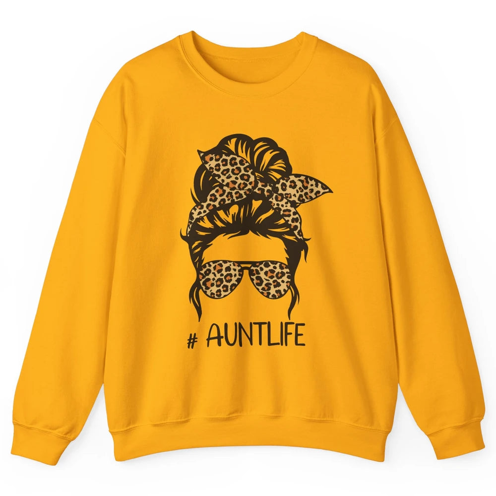 Aunt Life Messy Bun Hair Leopard Sunglasses Bandana Auntie Unisex Crewneck Sweatshirt