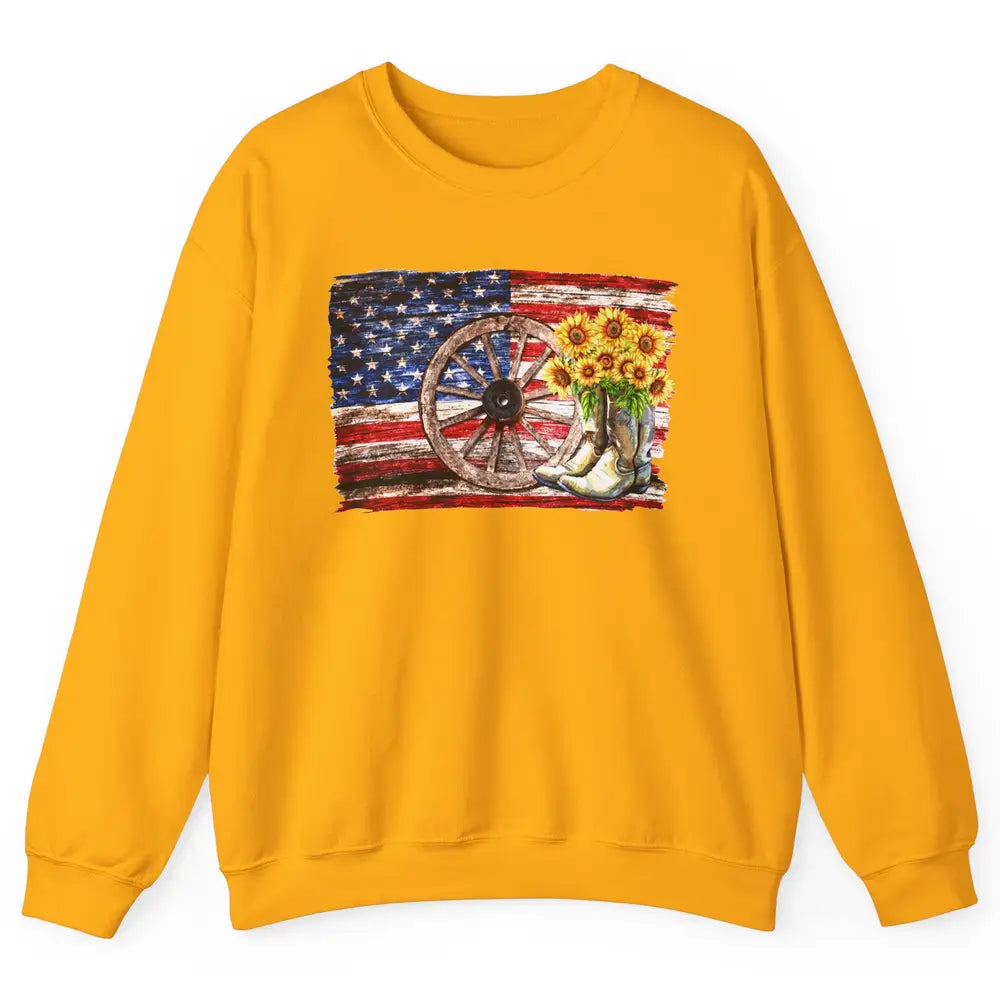 Retro US Flag Sunflower Cowgirl Boots Texas Cowboy Western Unisex Crewneck Sweatshirt