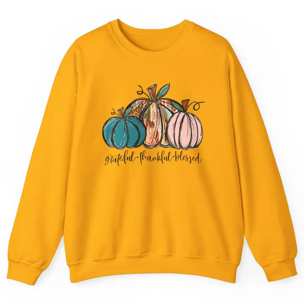 Grateful Thankful Blessed Doodle Pumpkin Fall Thanksgiving Unisex Crewneck Sweatshirt