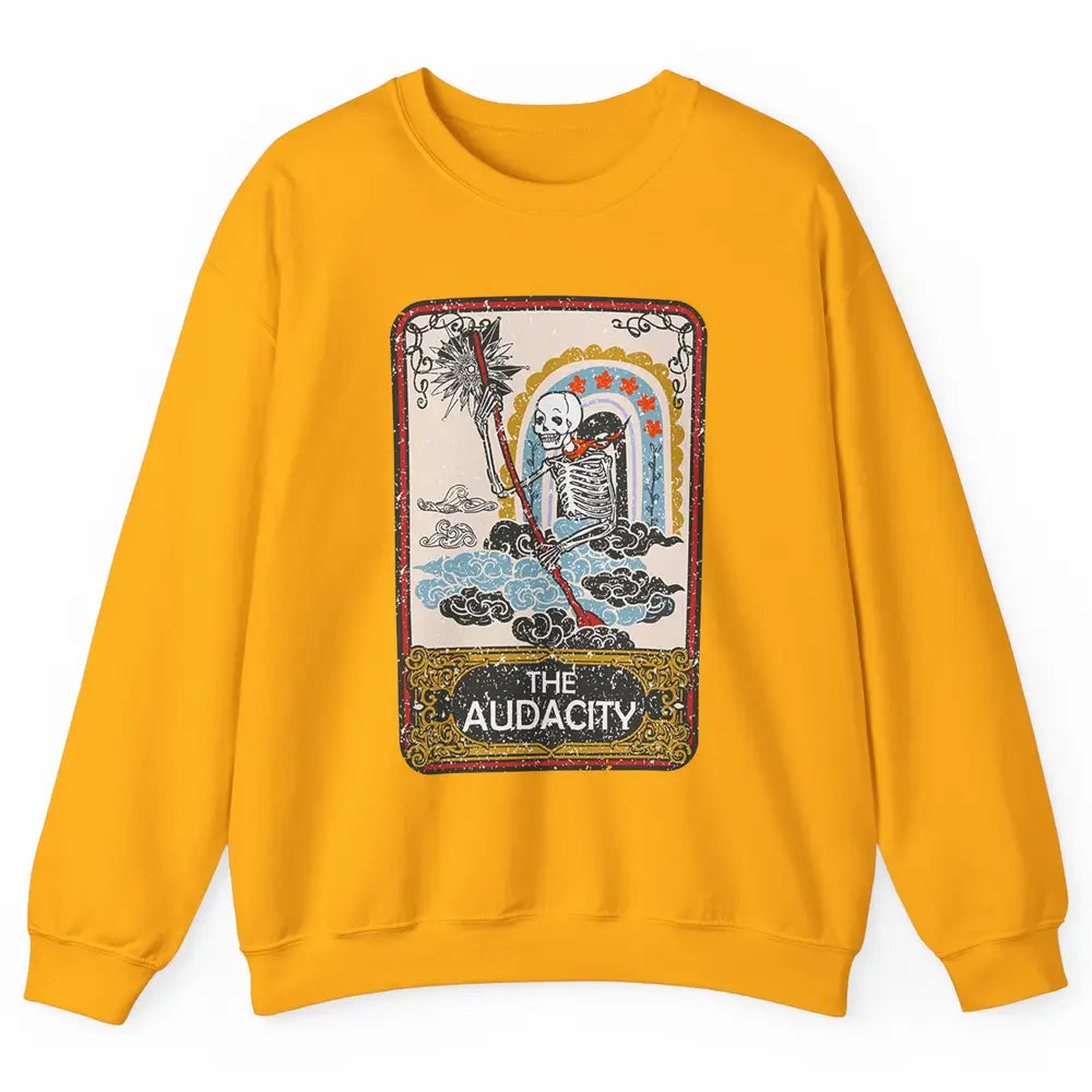 Retro Skeleton Riding Clouds Rainbow The Audacity Tarot Card Unisex Crewneck Sweatshirt