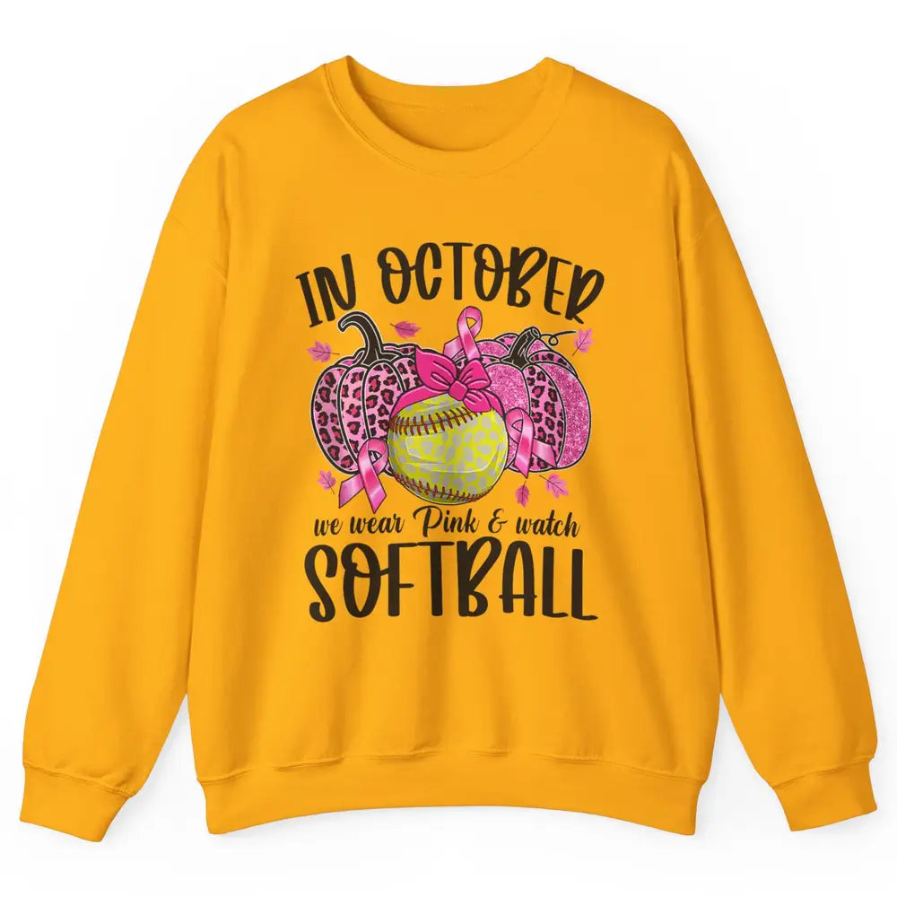 Softball Leopard Pumpkin In October Breast Cancer Awareness Unisex Crewneck Sweatshirt