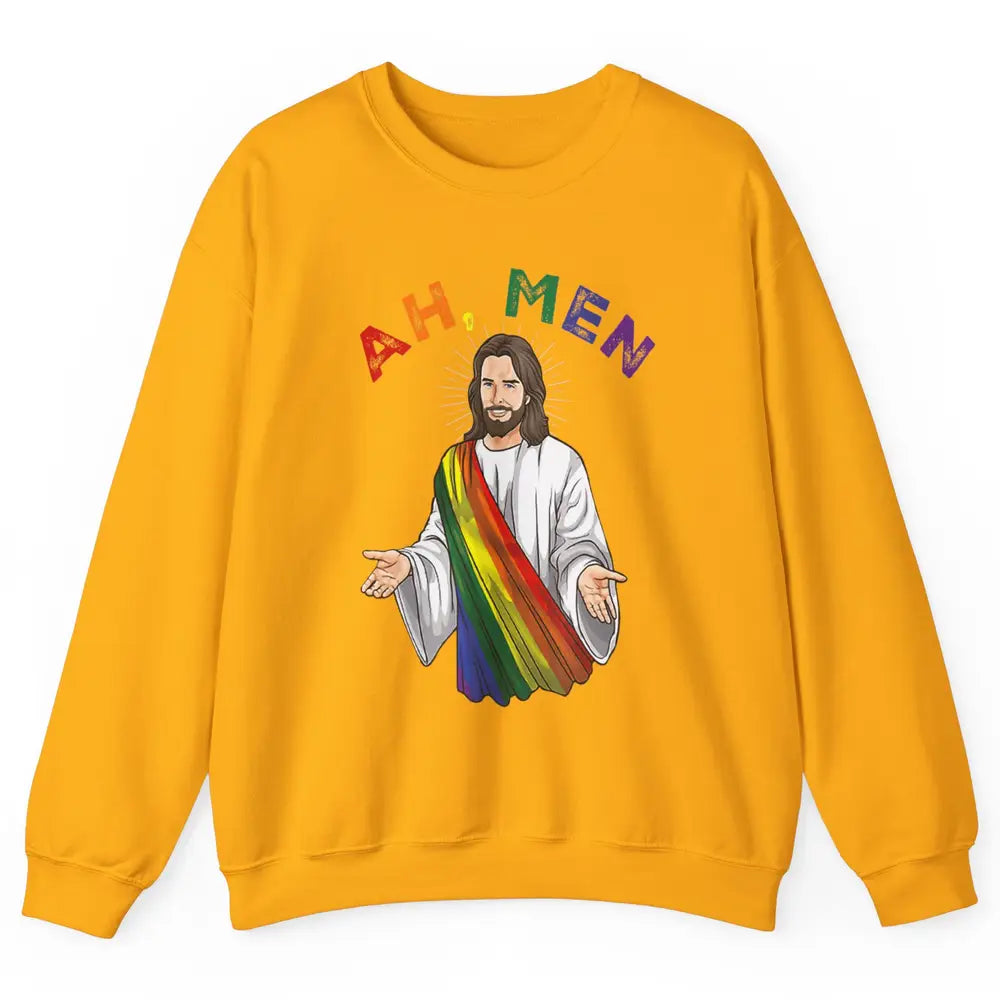 Ah Men LGBT Gay Pride Jesus Christian God Rainbow Flag Love Unisex Crewneck Sweatshirt