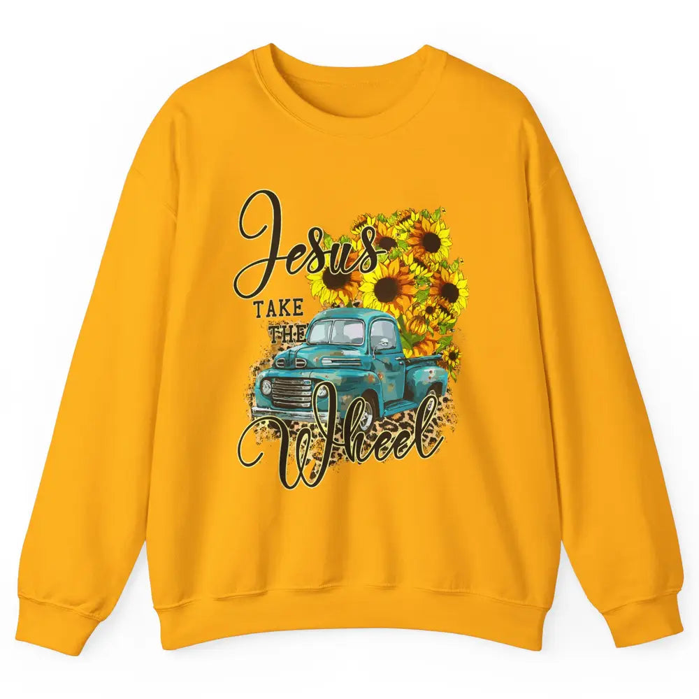 Sunflower Jesus Take The Wheel Christian Leopard God Bible Unisex Crewneck Sweatshirt