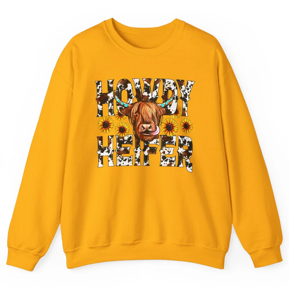 Sunflower Highland Cow Howdy Heifer Western Country Cowboy Unisex Crewneck Sweatshirt