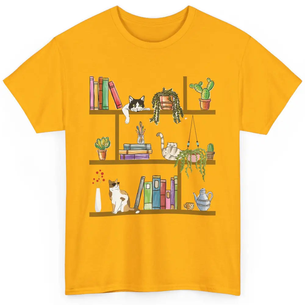 Funny Cats Lying On Floral Bookshelf Book Kitten Minimalist Classic Unisex T-Shirt