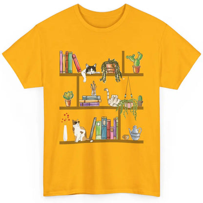 Funny Cats Lying On Floral Bookshelf Book Kitten Minimalist Classic Unisex T-Shirt