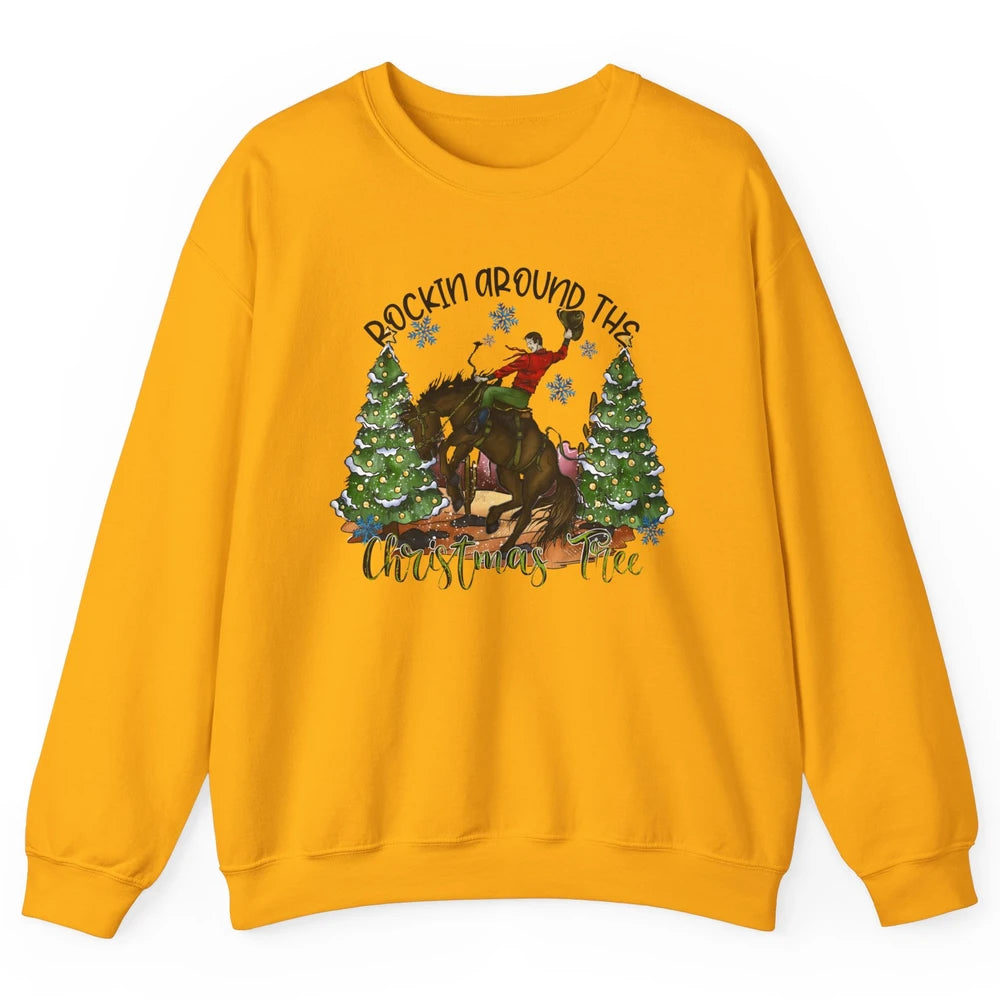 Funny Cowboy Horsing Rocking Around Christmas Tree Western Unisex Crewneck Sweatshirt