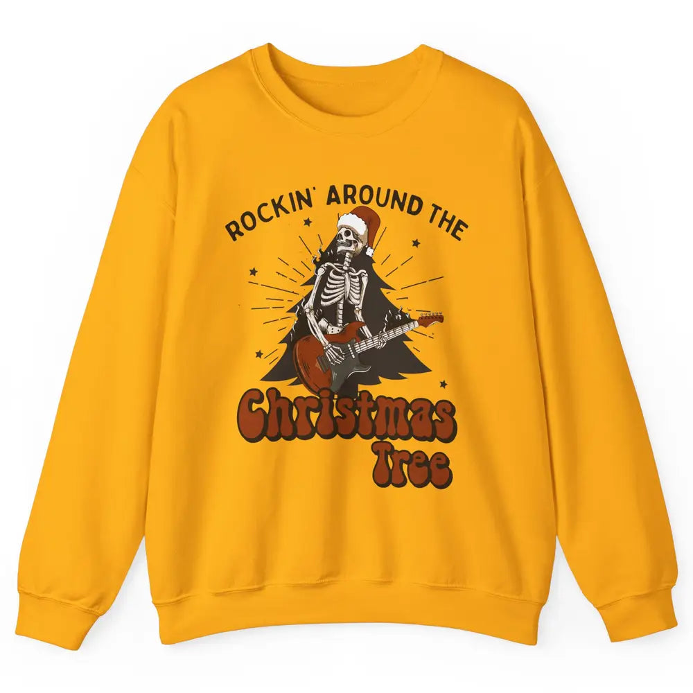 Skeleton Guitar Rocking Around Christmas Tree Western Xmas Unisex Crewneck Sweatshirt