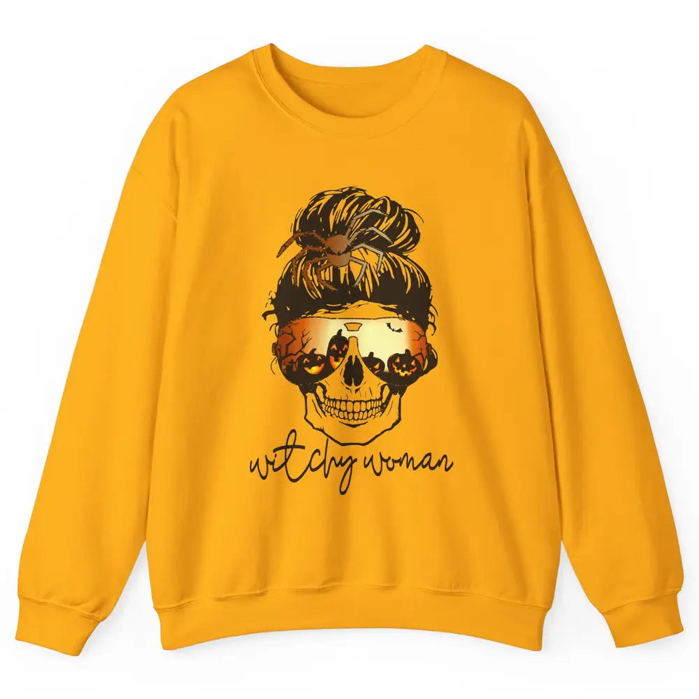 Witchy Woman Messy Bun Hair Skull Halloween Pumpkin Costume Unisex Crewneck Sweatshirt