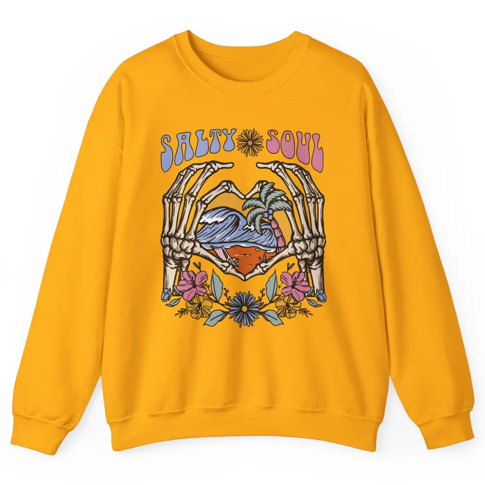 Retro Salty Beach Soul Floral Wave Skeleton Summer Vibes 70s Unisex Crewneck Sweatshirt