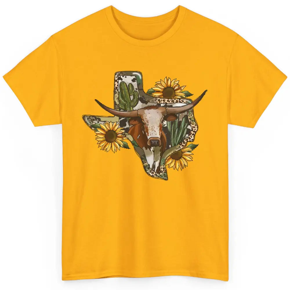 Texas Map Leopard Sunflower Western Texas Cow Longhorn Classic Unisex T-Shirt