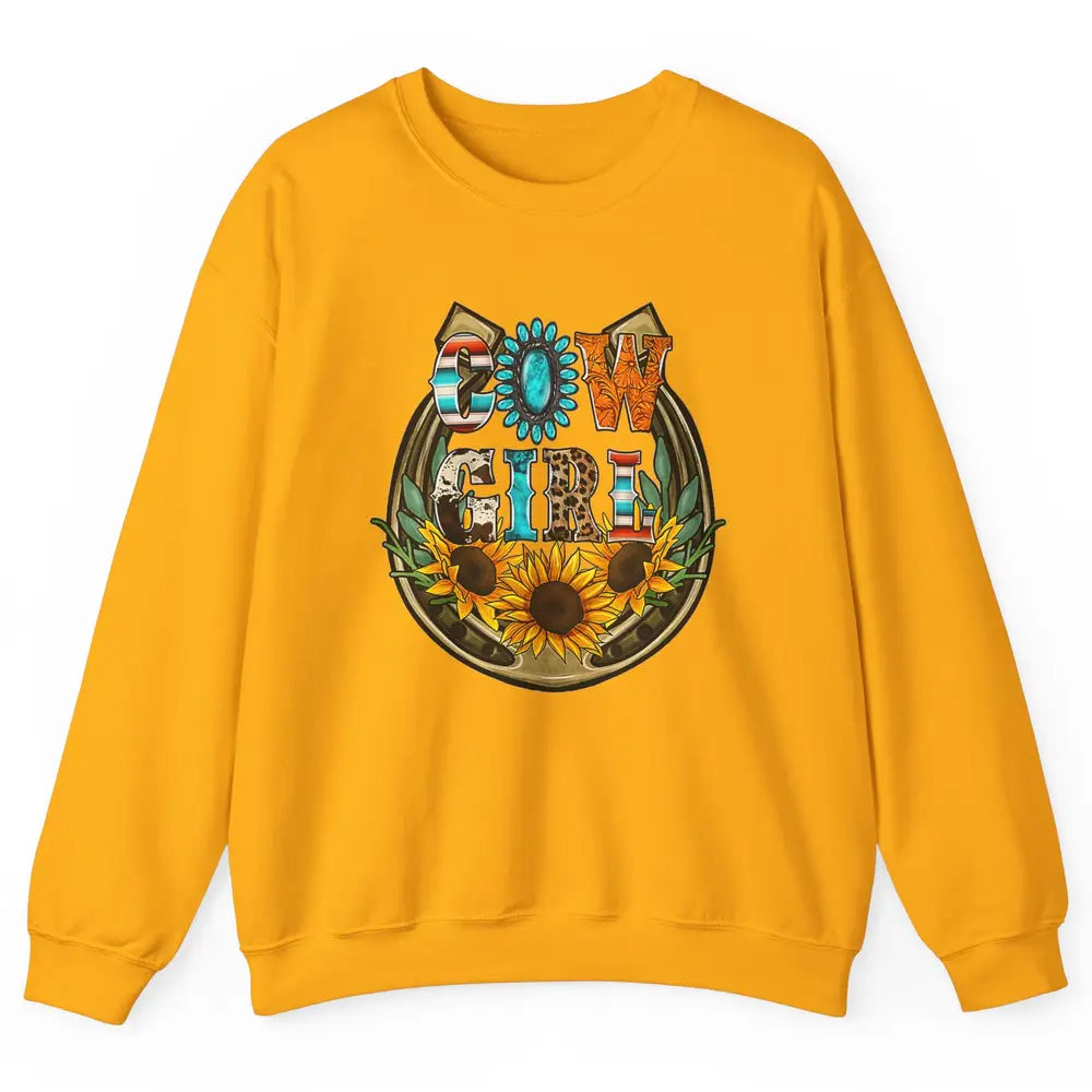 Western Country Sunflowers Retro Cowhide Serape Horseshoe Unisex Crewneck Sweatshirt