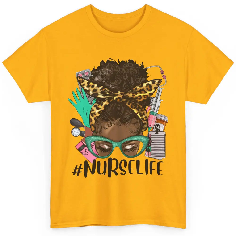 Afro Nurse Messy Bun Hair Black Melanin Nurse Life Leopard Classic Unisex T-Shirt