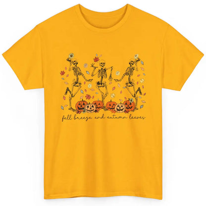 Retro Pumpkin Dancing Skeleton Fall Breeze And Autumn Leaves Classic Unisex T-Shirt